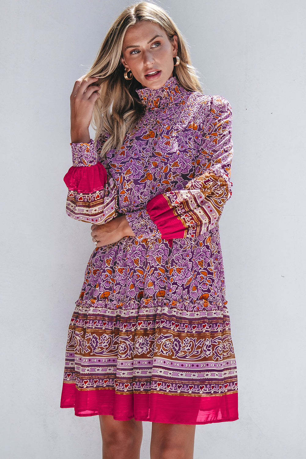 Blue Zone Planet | Purple Floral Smocked Puff Sleeve High Neck Mini Dress-TOPS / DRESSES-[Adult]-[Female]-2022 Online Blue Zone Planet