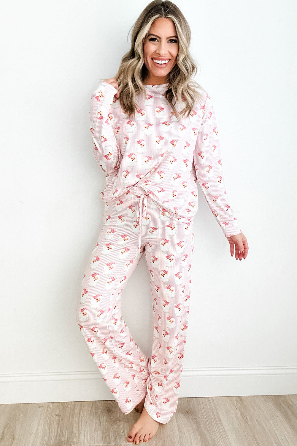 Pink Santa Claus Striped Print Loose Fit Two Piece Lounge Set-Loungewear & Sleepwear/Loungewear-[Adult]-[Female]-2022 Online Blue Zone Planet