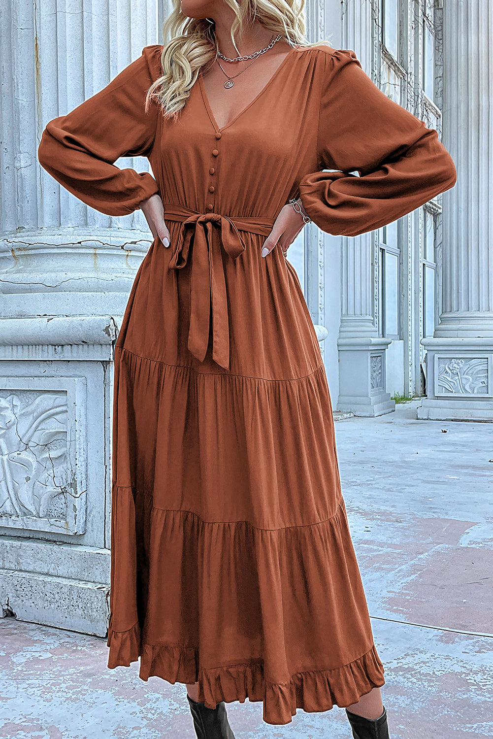 Cinnamon knot Lantern Sleeve Ruffled Hem Pleated Dress-Midi Dresses-[Adult]-[Female]-Cinnamon-S-2022 Online Blue Zone Planet