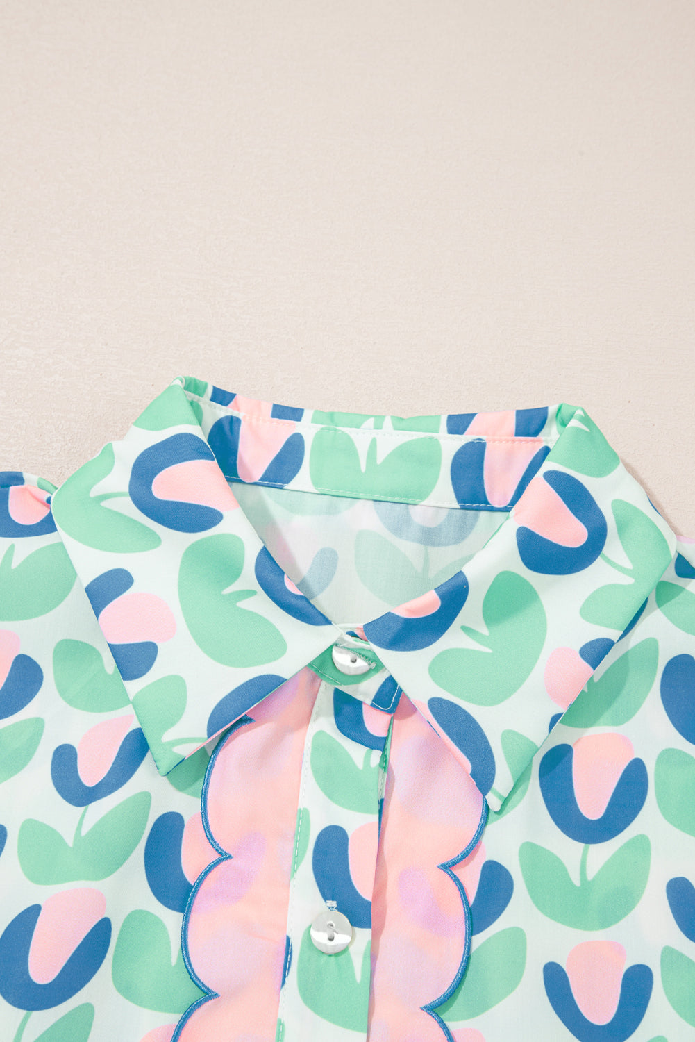 Green Floral Print Notched Neck Scalloped Detail Long Sleeve Mini Dress-TOPS / DRESSES-[Adult]-[Female]-2022 Online Blue Zone Planet