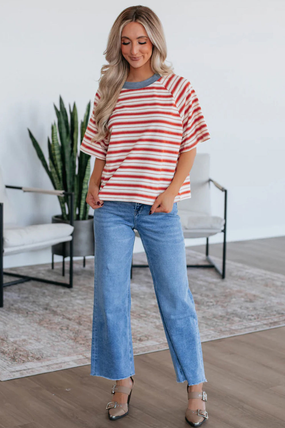 Tomato Red Stripe Print Contrast Collar Raglan Sleeve T Shirt-Tops/Tops & Tees-[Adult]-[Female]-2022 Online Blue Zone Planet