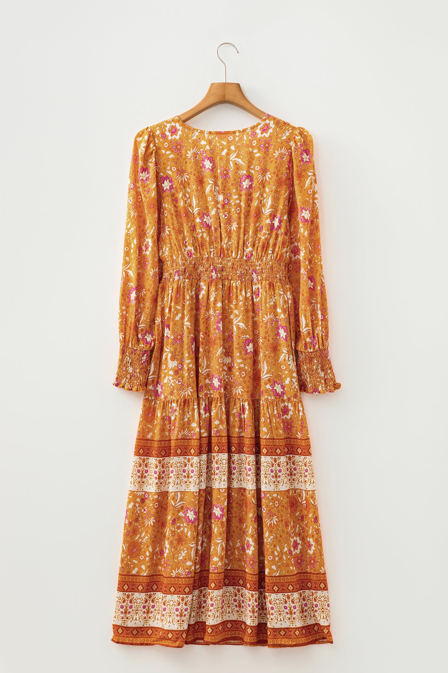 Orange Floral Print Smocked Waist Long Sleeve Boho Maxi Dress-TOPS / DRESSES-[Adult]-[Female]-2022 Online Blue Zone Planet