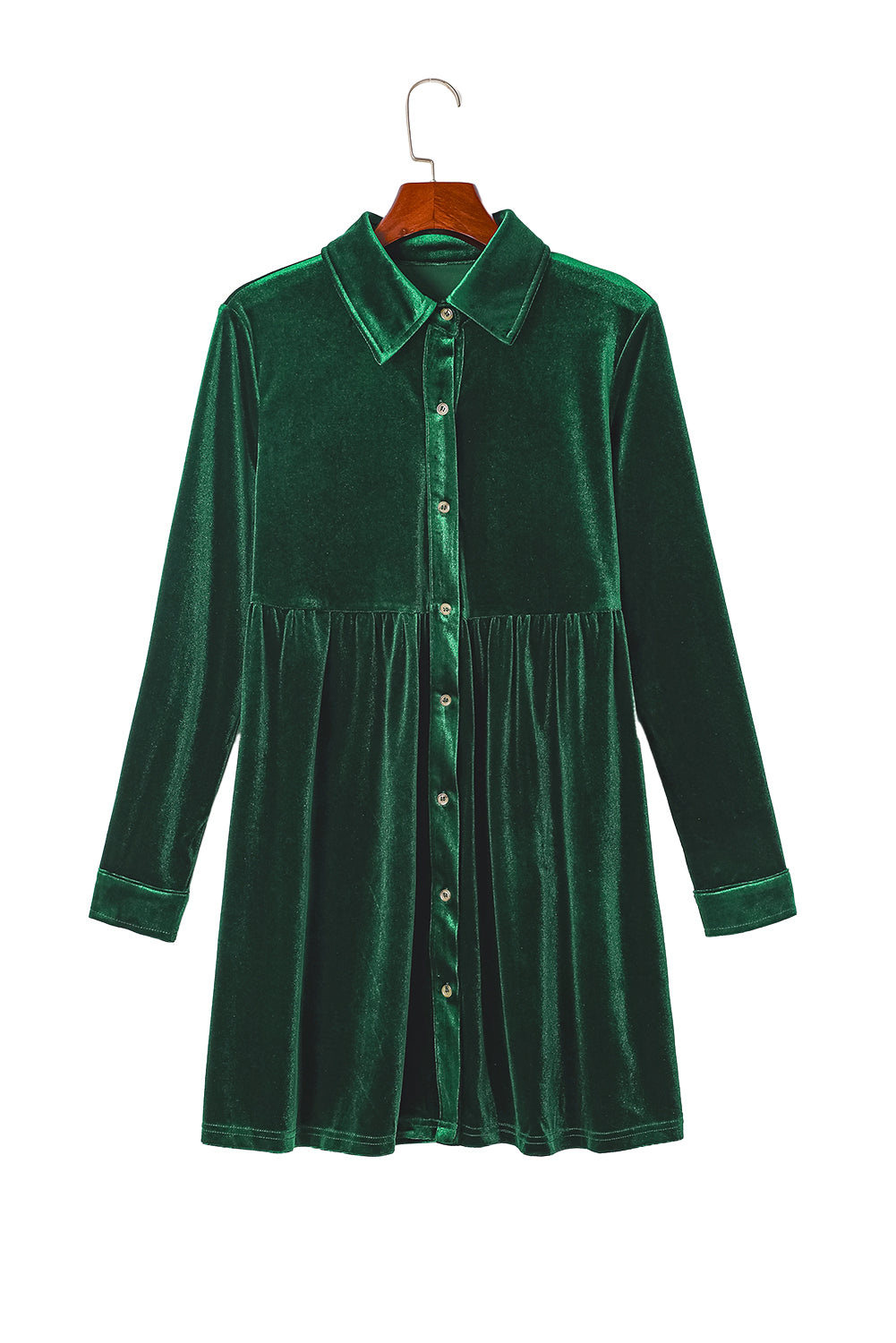 Blue Zone Planet | Green Long Sleeve Ruffle Velvet Button Up Dress-TOPS / DRESSES-[Adult]-[Female]-2022 Online Blue Zone Planet