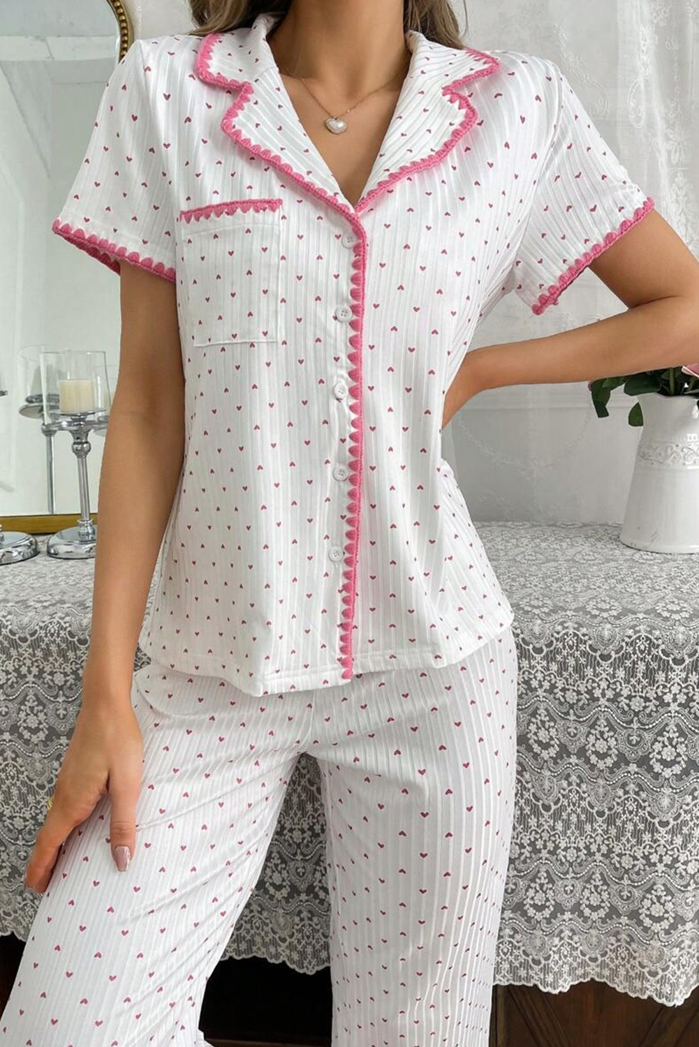 White Heart Print Contrast Trim Shirt and Pants Pajama Set-Loungewear Set-[Adult]-[Female]-2022 Online Blue Zone Planet