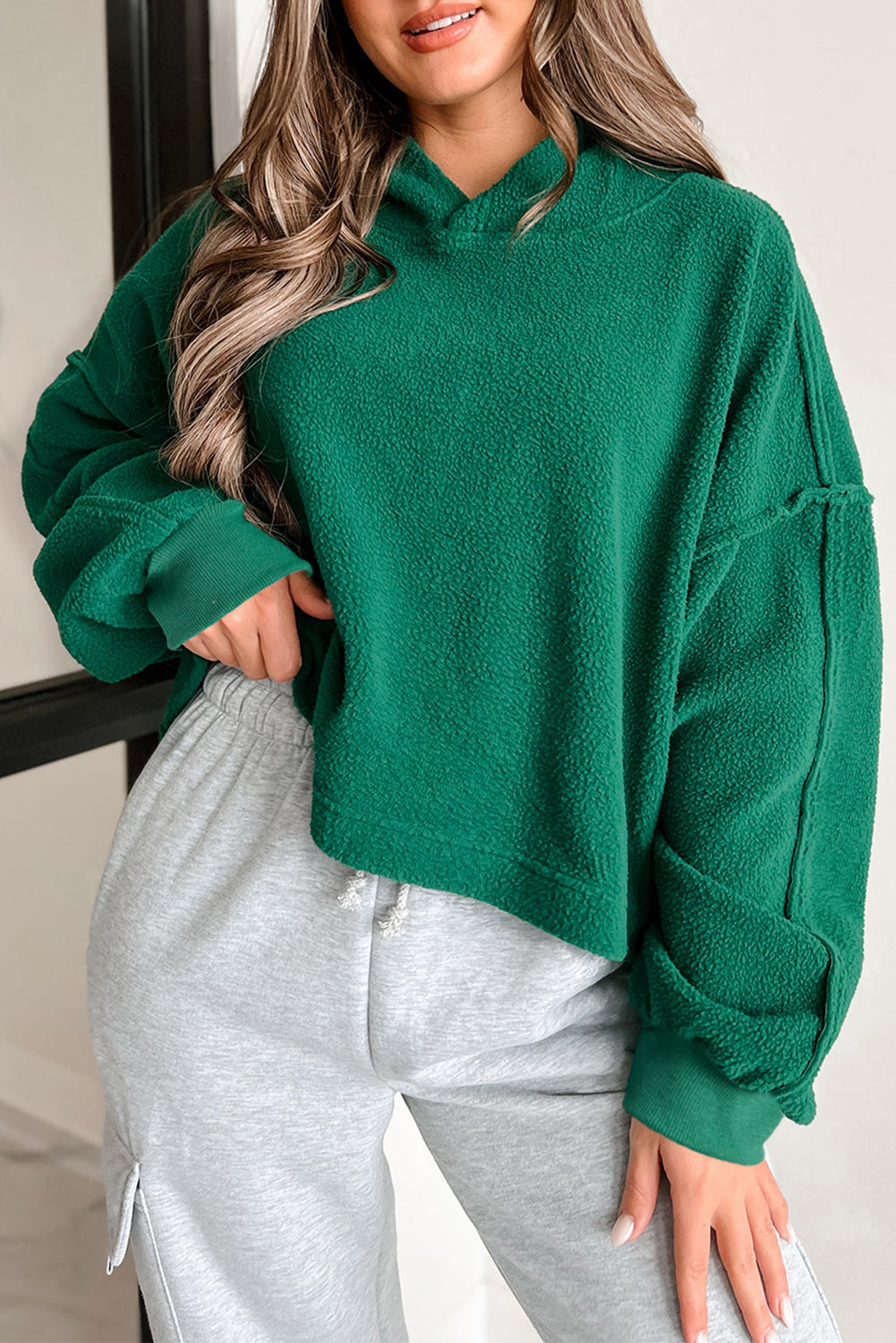 Dark Green Sherpa Fleece Drop Shoulder Hoodie-Tops/Sweatshirts & Hoodies-[Adult]-[Female]-Dark Green-S-2022 Online Blue Zone Planet