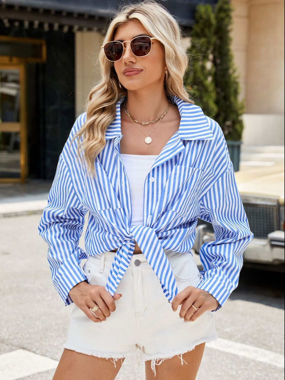 Striped Button Up Long Sleeve Shirt-TOPS / DRESSES-[Adult]-[Female]-Sky Blue-S-2022 Online Blue Zone Planet