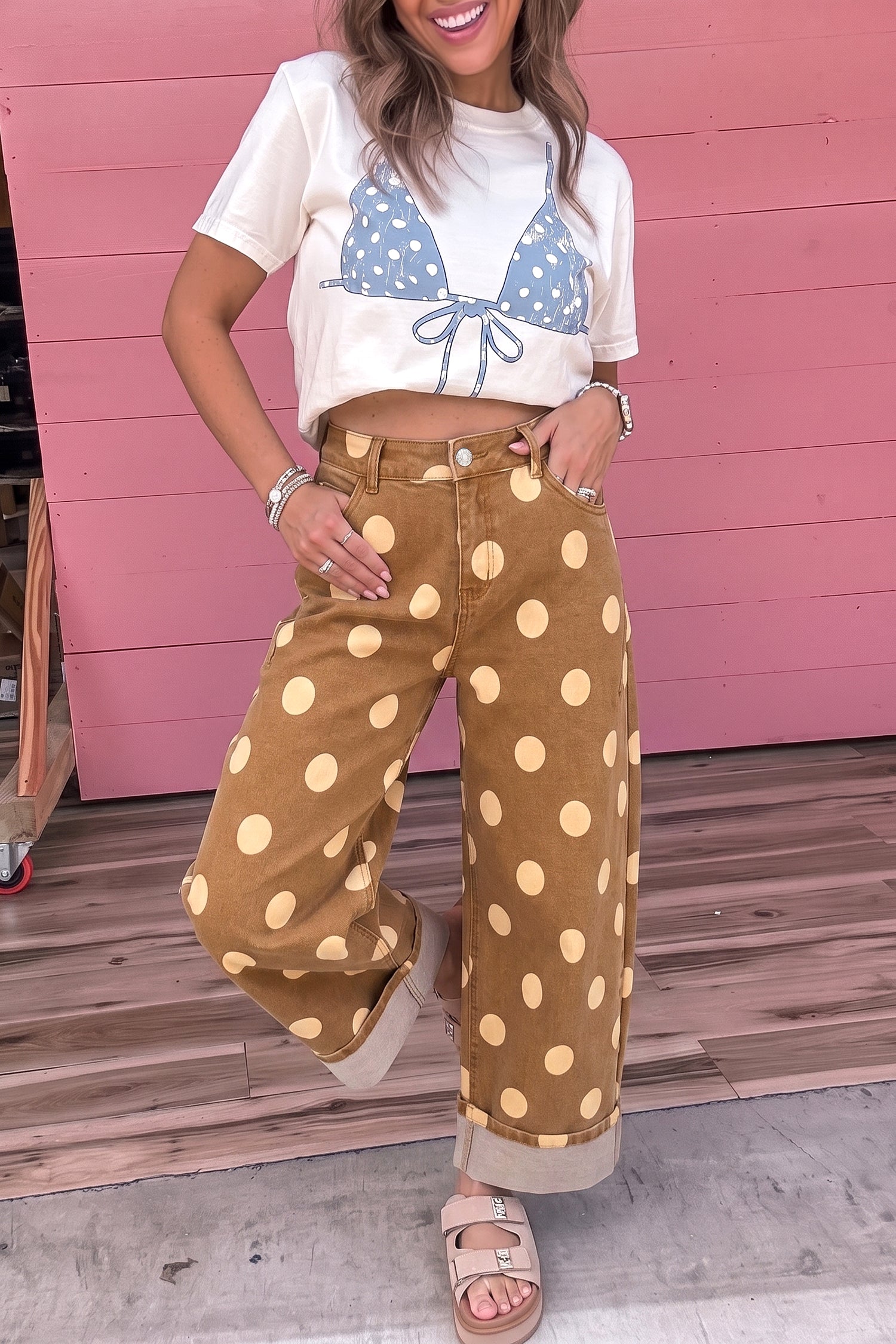 Sky Blue Polka Dot Ankle-Length Metal Button Casual Jeans-Bottoms/Jeans-[Adult]-[Female]-2022 Online Blue Zone Planet