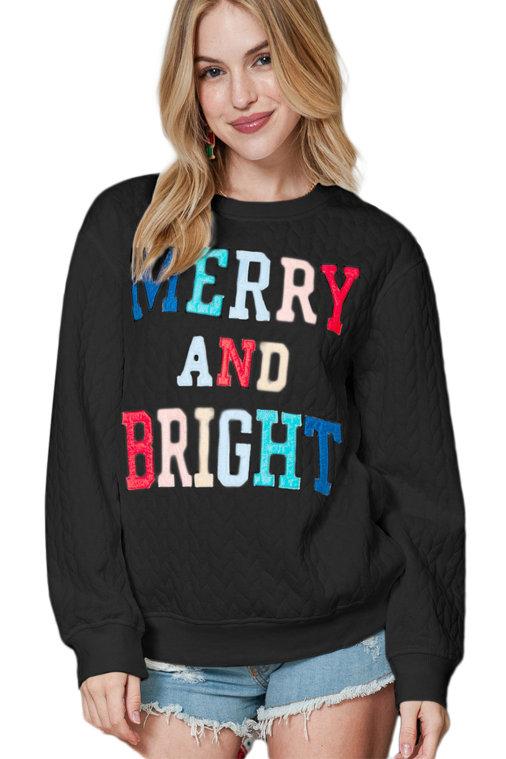 White Merry and Bright Quilted Sweatshirt-Sweatshirts & Hoodies-[Adult]-[Female]-2022 Online Blue Zone Planet