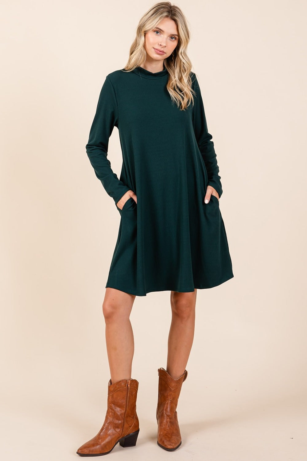 Mittoshop Mock Neck Long Sleeve Dress with Pockets-TOPS / DRESSES-[Adult]-[Female]-2022 Online Blue Zone Planet