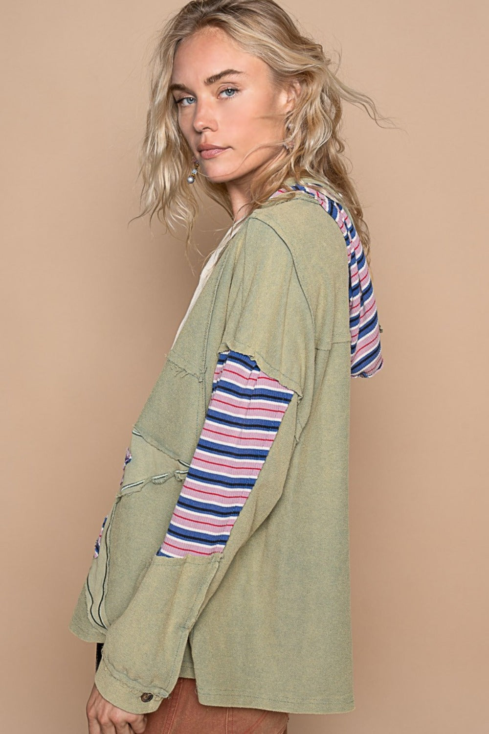 POL Star Patchwork Raw Edge French Terry Hoodie-TOPS / DRESSES-[Adult]-[Female]-2022 Online Blue Zone Planet