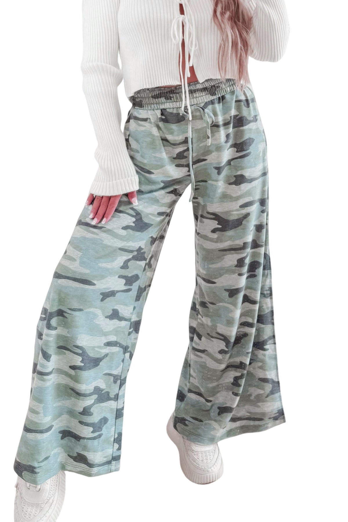 Green Camo Wide Leg Tie Elastic Waist Casual Pants-Bottoms/Pants & Culotte-[Adult]-[Female]-2022 Online Blue Zone Planet