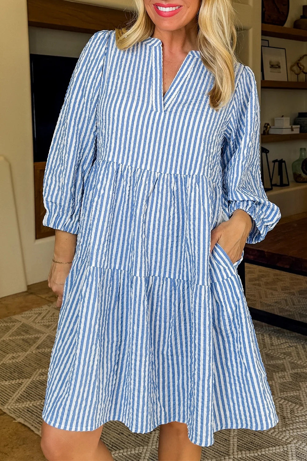 Sky Blue Stripe Bracelet Sleeve Tiered Shift Dress with Pockets-Dresses/Mini Dresses-[Adult]-[Female]-Sky Blue Stripe-S-2022 Online Blue Zone Planet