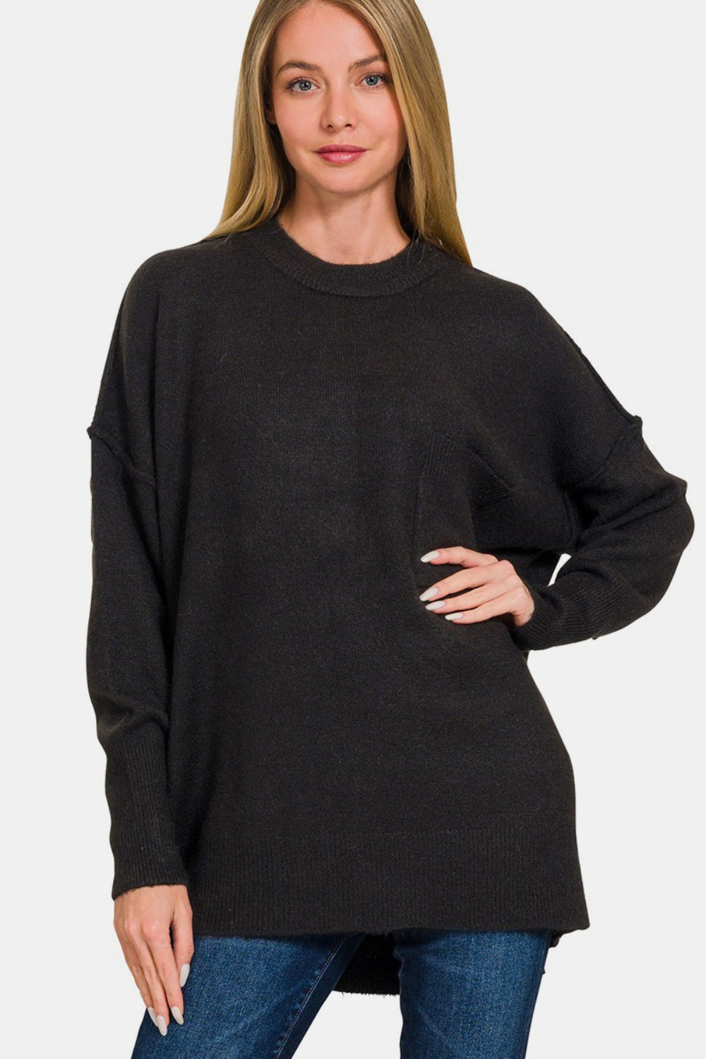 Blue Zone Planet | Zenana High-Low Hem Drop Shoulder Sweater-TOPS / DRESSES-[Adult]-[Female]-2022 Online Blue Zone Planet