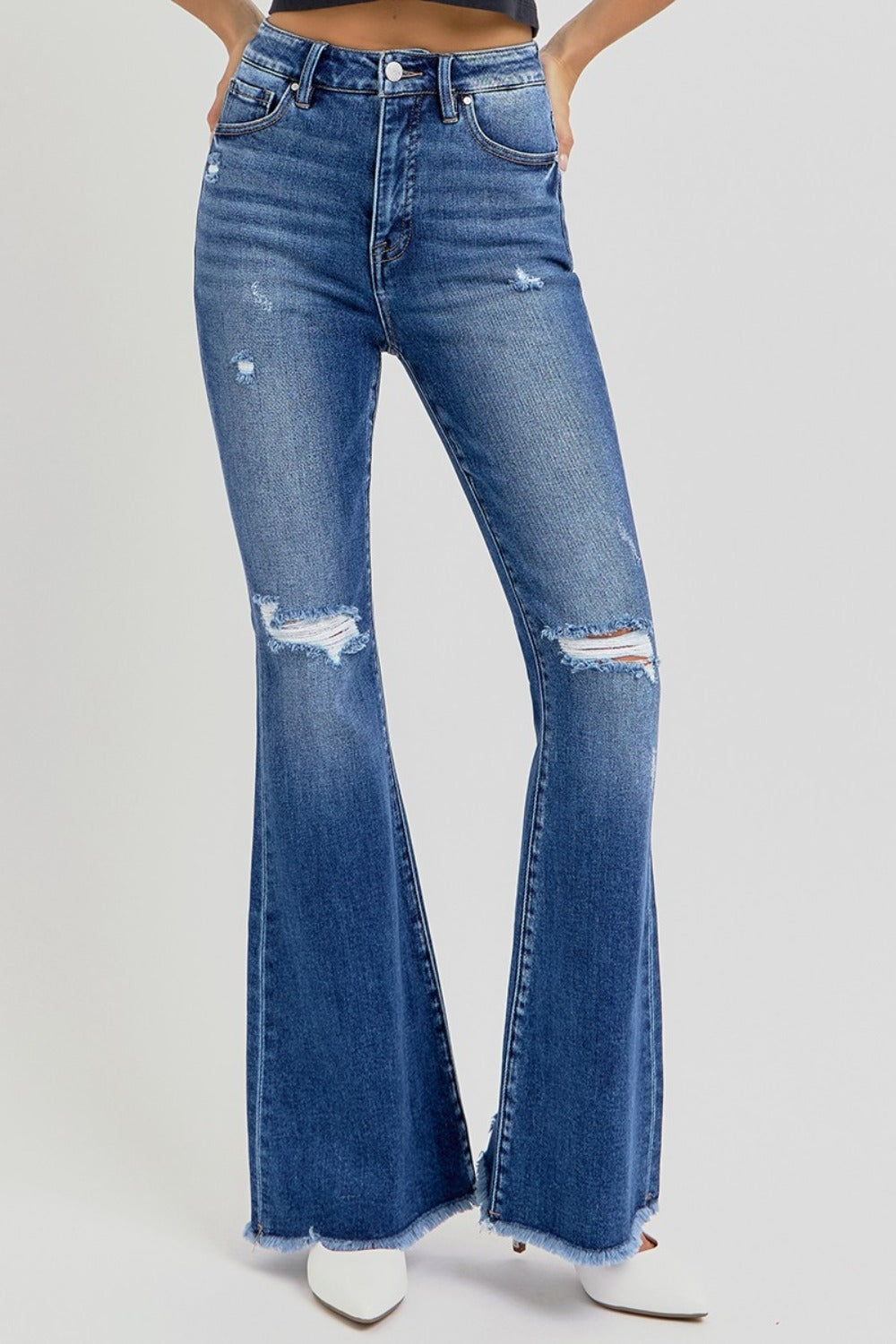 RISEN Full Size High Rise Distressed Raw Hem Flare Jeans-BOTTOMS SIZES SMALL MEDIUM LARGE-[Adult]-[Female]-2022 Online Blue Zone Planet