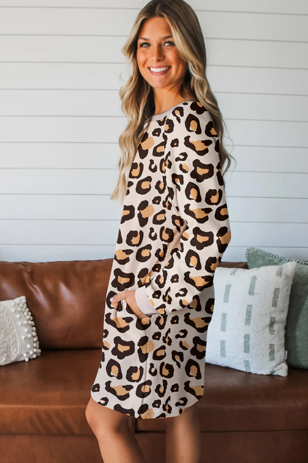 Khaki Leopard Long Sleeve Shift T Shirt Dress With Pockets-TOPS / DRESSES-[Adult]-[Female]-2022 Online Blue Zone Planet