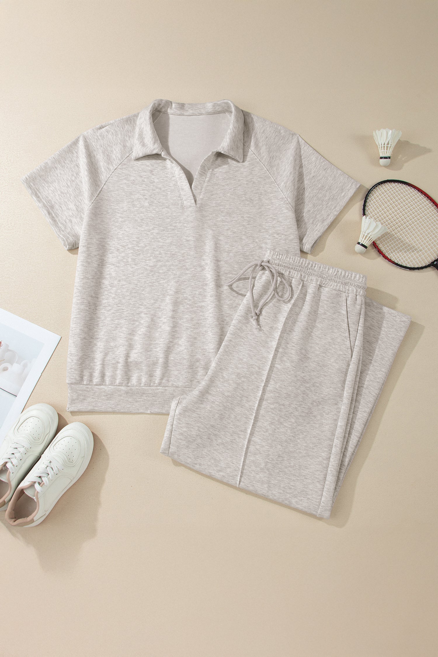 Light Grey Plus Size V Neck Polo Tee Drawstring Loose Pants 2pcs Set-Plus Size/Plus Size Loungewear-[Adult]-[Female]-2022 Online Blue Zone Planet