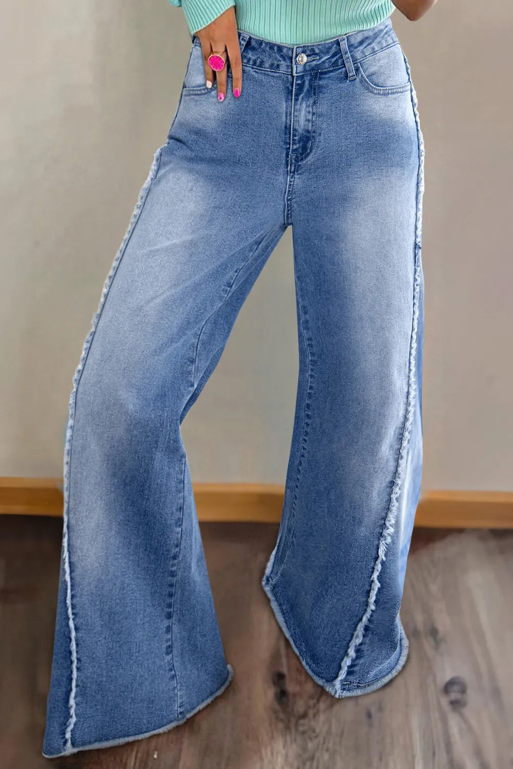 Raw Hem Wide Leg Jeans with Pockets-[Adult]-[Female]-Medium-4-2022 Online Blue Zone Planet