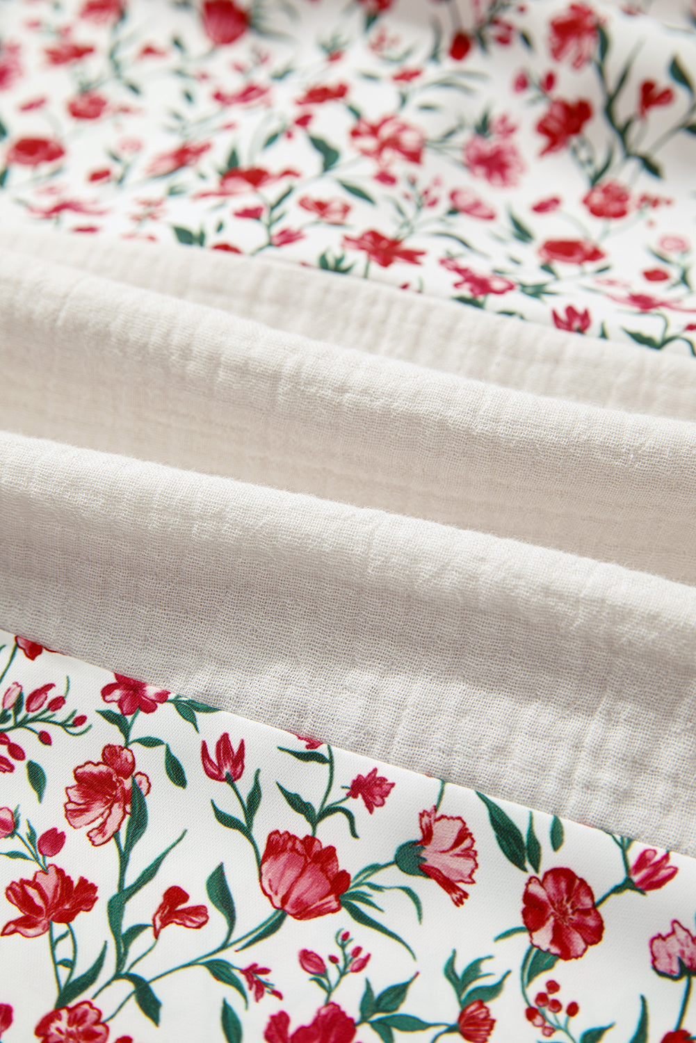 Red Floral Print Gauze Patchwork Henley Button 3/4 Sleeve Blouse-Tops/Blouses & Shirts-[Adult]-[Female]-2022 Online Blue Zone Planet