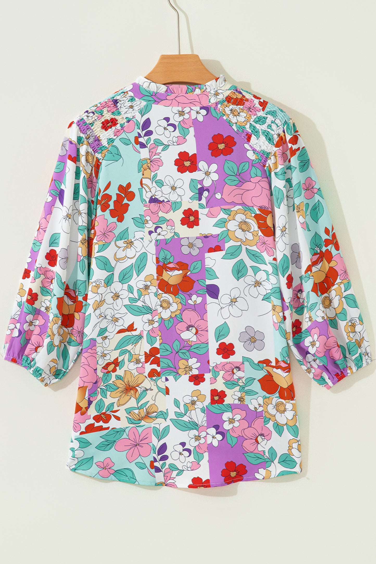 Pink Floral Print Patchwork Frilly Neckline Long Sleeve Shirt-Tops/Blouses & Shirts-[Adult]-[Female]-2022 Online Blue Zone Planet