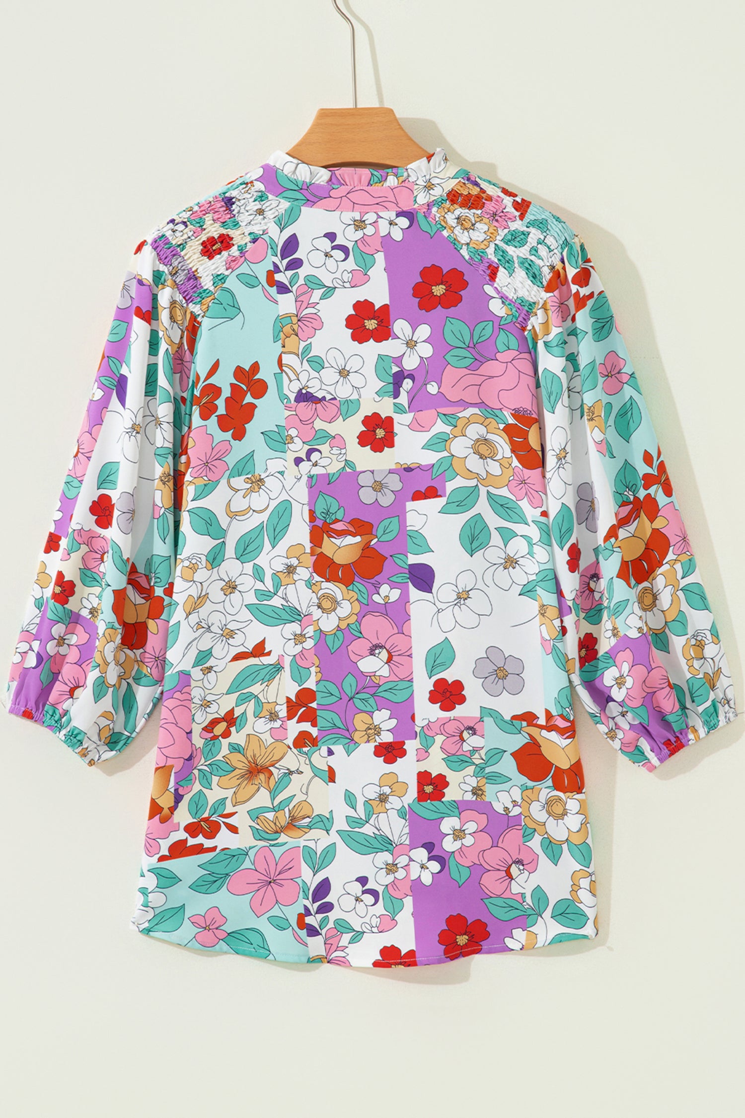 Pink Floral Print Patchwork Frilly Neckline Long Sleeve Shirt-Tops/Blouses & Shirts-[Adult]-[Female]-2022 Online Blue Zone Planet
