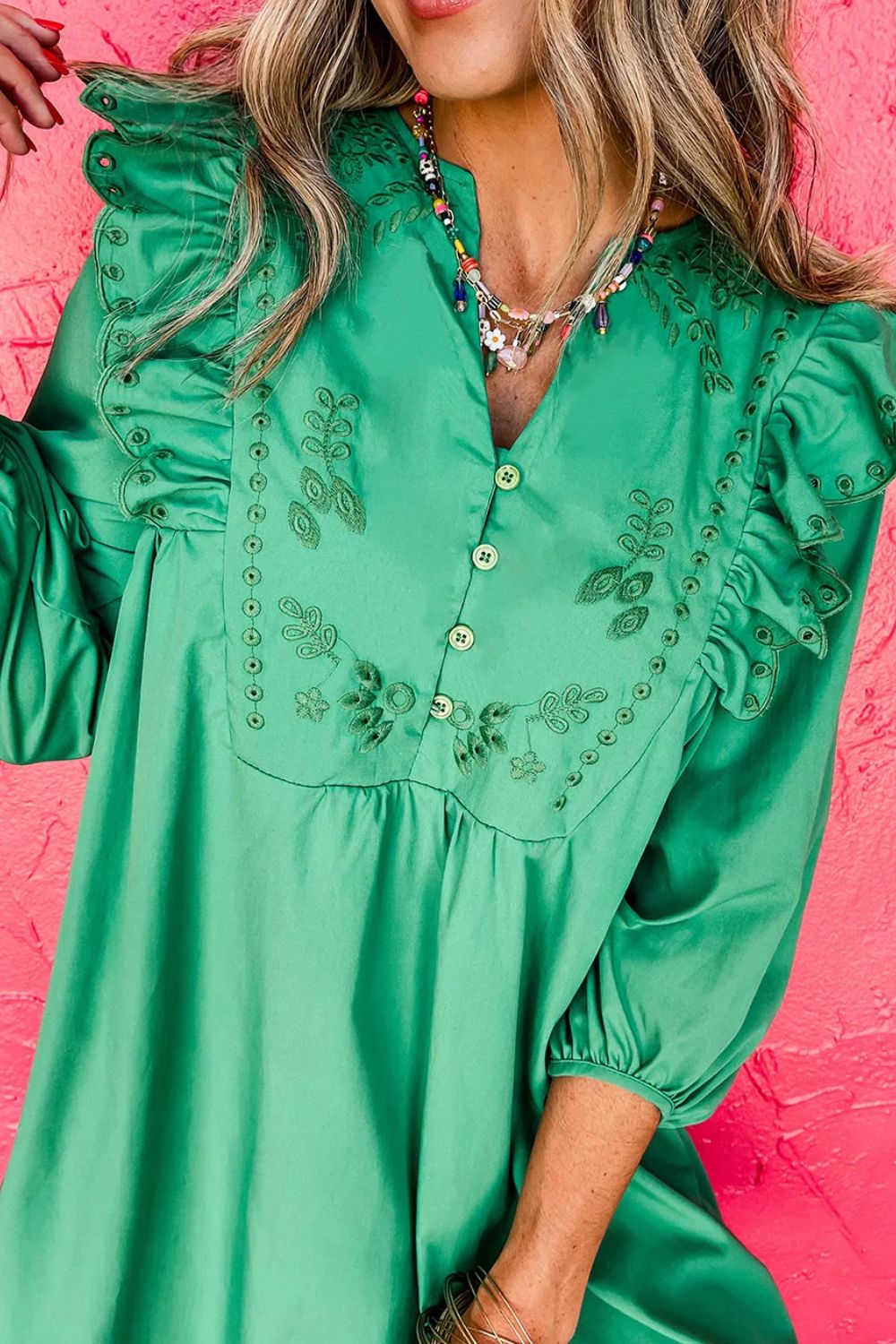 Embroidered Ruffled Notched Three-Quarter Sleeve Dress-TOPS / DRESSES-[Adult]-[Female]-2022 Online Blue Zone Planet