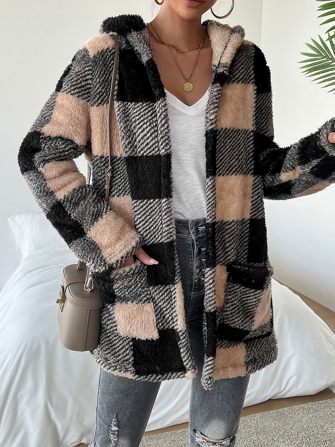 Devine Fuzzy Plaid Open Front Hooded Jacket-TOPS / DRESSES-[Adult]-[Female]-2022 Online Blue Zone Planet