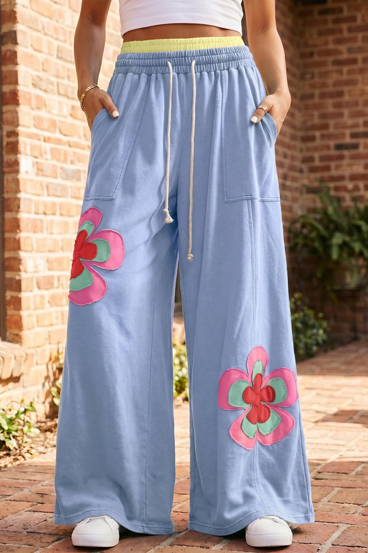 Sky Blue Color Block Flower Patchwork Drawstring Contrasted Elastic Waist Wide Leg Pants-Bottoms/Pants & Culotte-[Adult]-[Female]-Sky Blue-S-2022 Online Blue Zone Planet