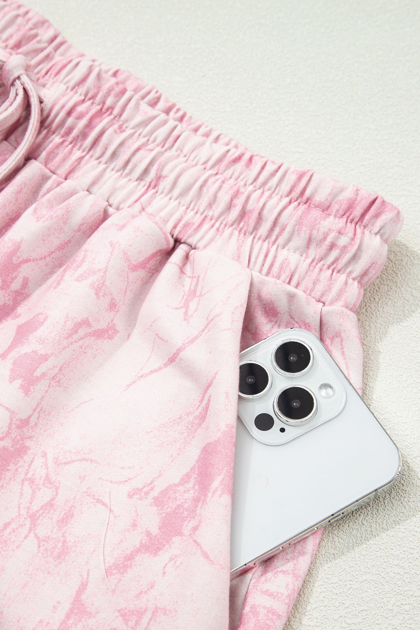 Pink Abstract Print V Neck Loose Tee Drawstring Shorts 2pcs Outfit-Two Piece Sets/Short Sets-[Adult]-[Female]-2022 Online Blue Zone Planet