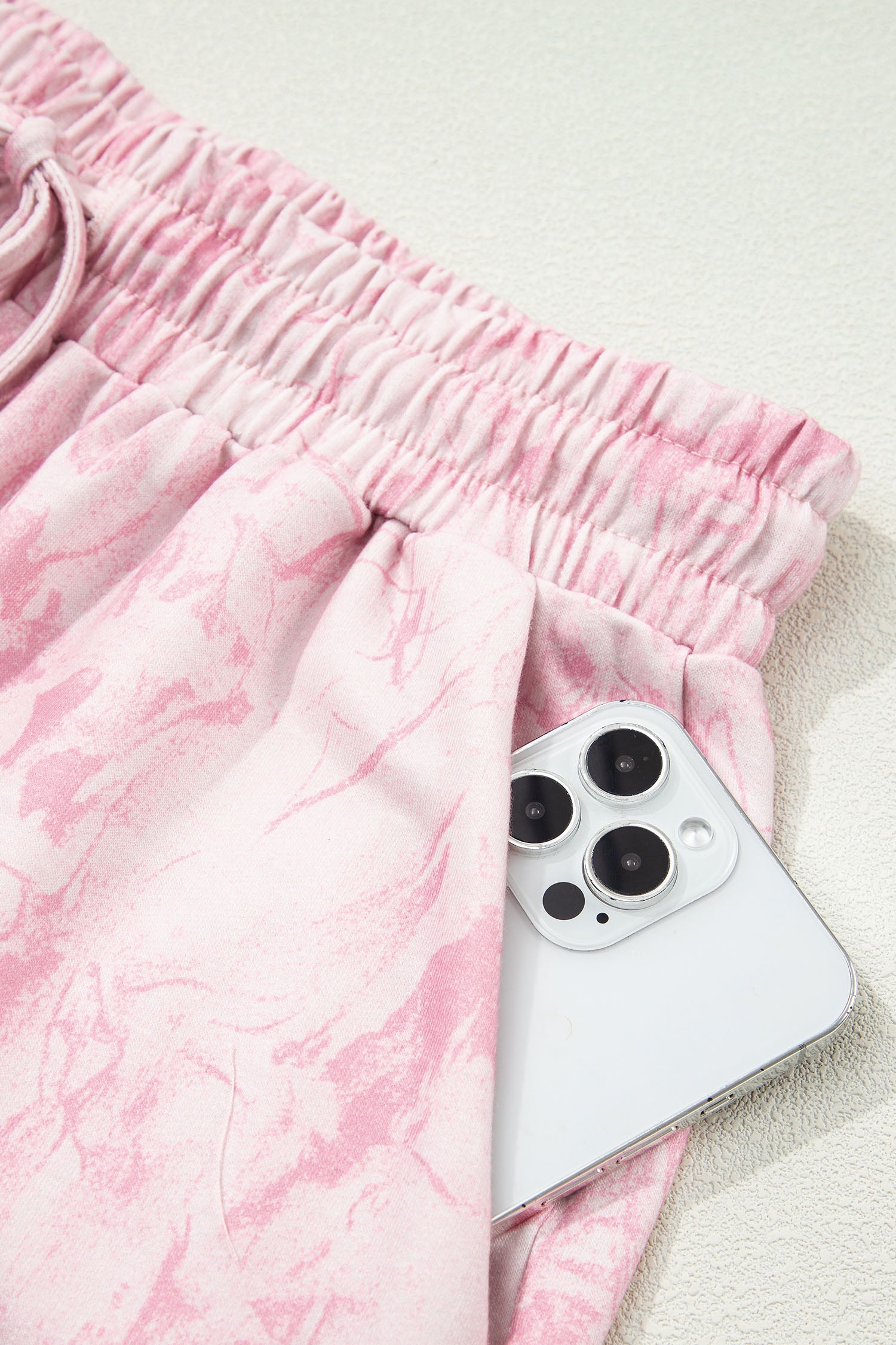 Pink Abstract Print V Neck Loose Tee Drawstring Shorts 2pcs Outfit-Two Piece Sets/Short Sets-[Adult]-[Female]-2022 Online Blue Zone Planet