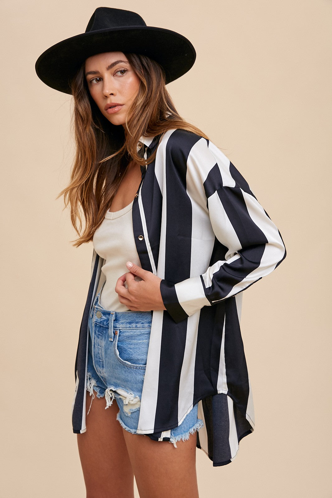 Annie Wear Striped Dropped Shoulder Button Up Shirt-TOPS / DRESSES-[Adult]-[Female]-2022 Online Blue Zone Planet