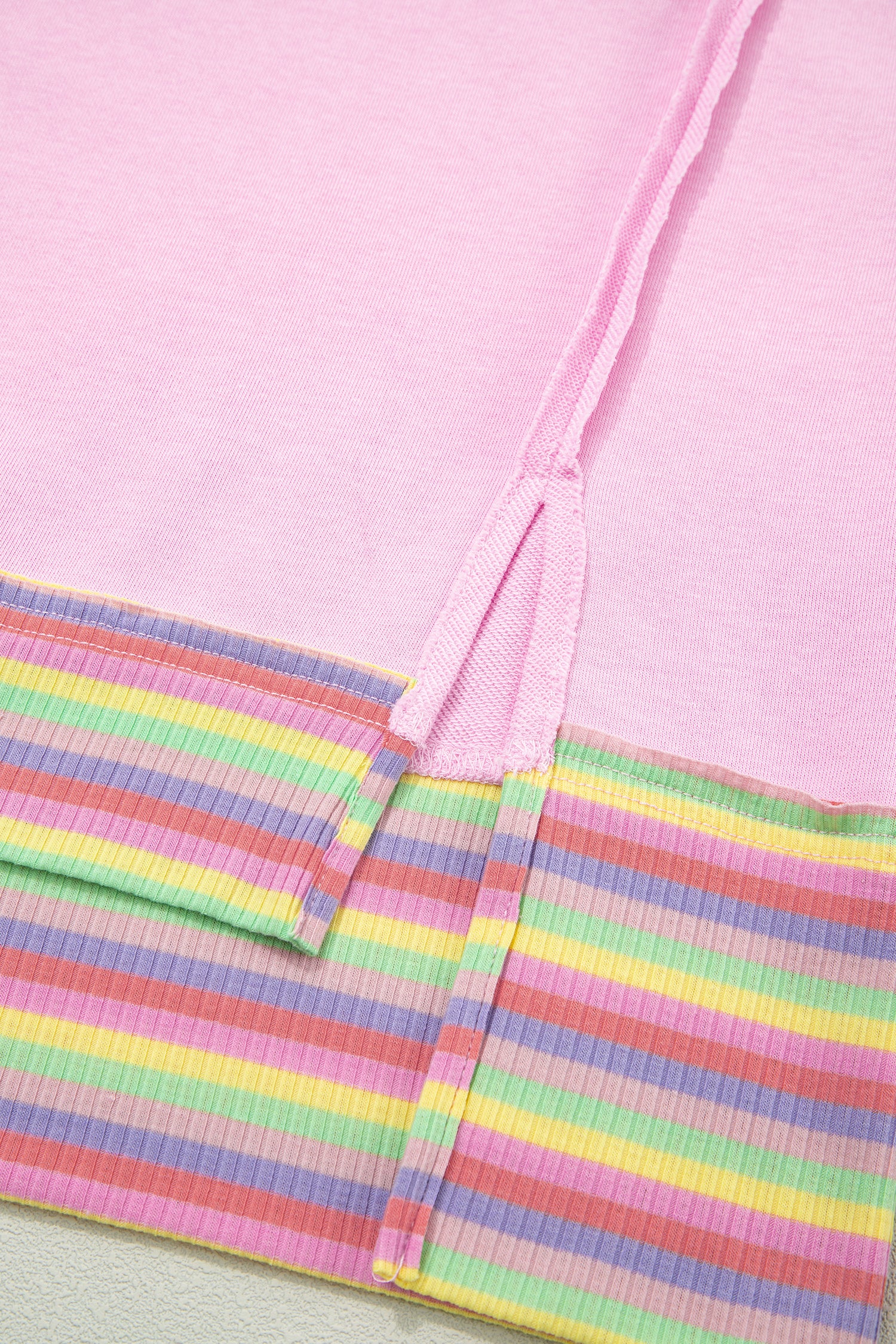 Pink Rainbow Stripe Ribbed Patchwork Raw Seam Oversize Polo Tee-Tops/Tops & Tees-[Adult]-[Female]-2022 Online Blue Zone Planet