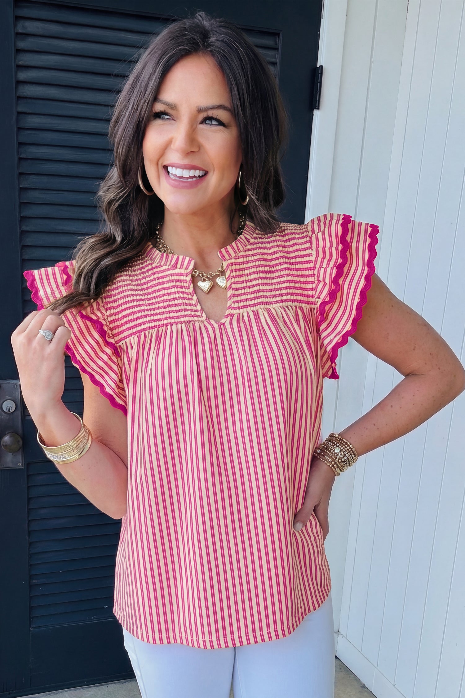 Rose Stripe Shirred Yoke Ruffled Short Sleeve Blouse-Tops/Blouses & Shirts-[Adult]-[Female]-2022 Online Blue Zone Planet