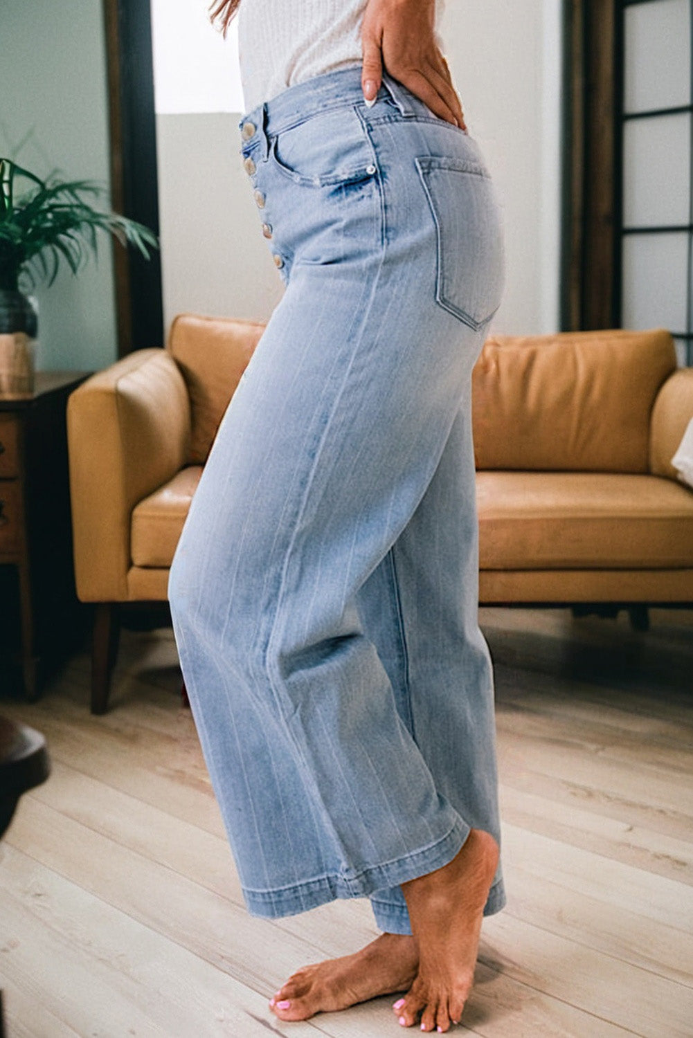 Beau Blue Multi Buttons Pinstripe Wide Leg Jeans-Bottoms/Jeans-[Adult]-[Female]-2022 Online Blue Zone Planet