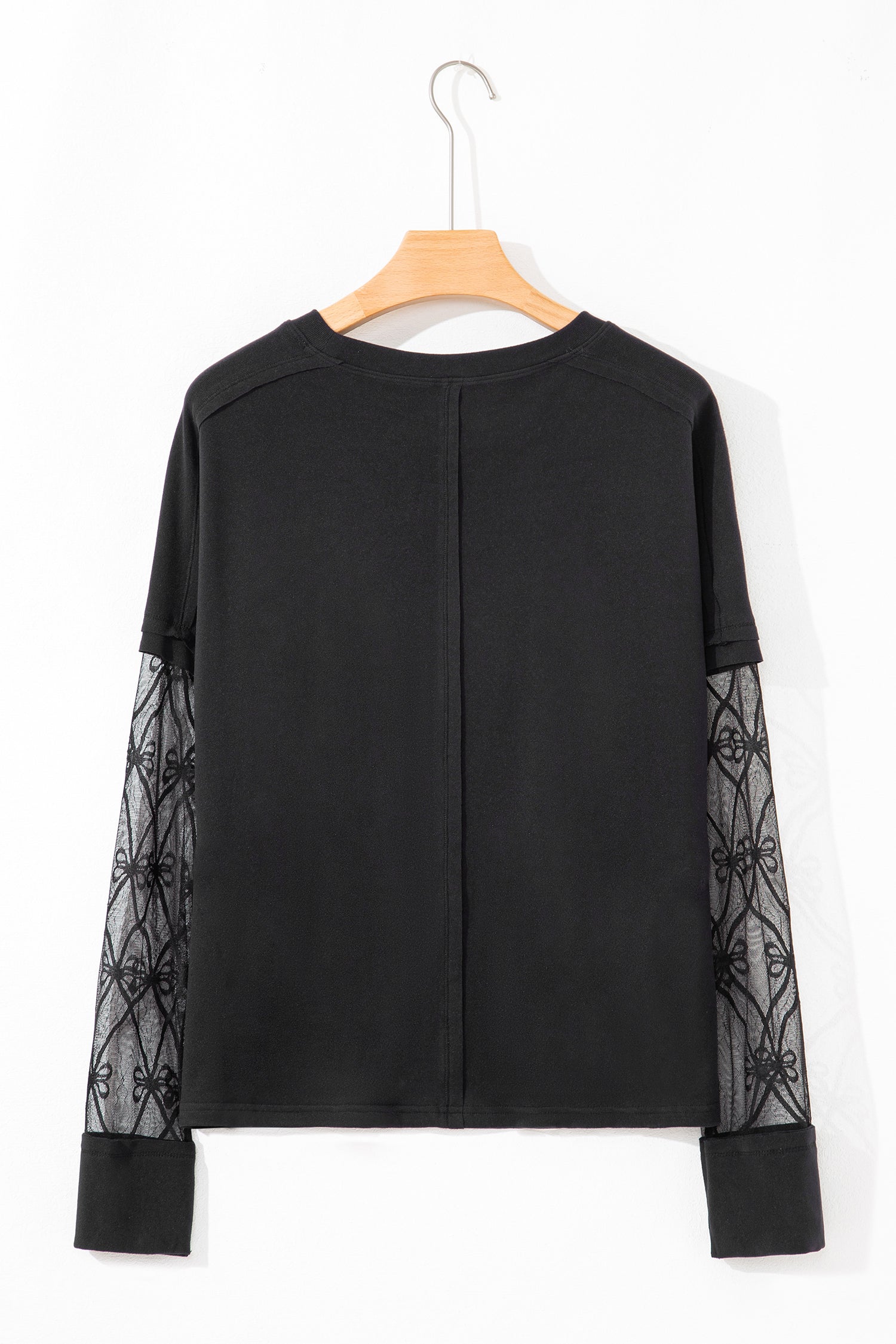 Black Solid Color Bow Textured Patchwork Long Sleeve Tee-Tops/Long Sleeve Tops-[Adult]-[Female]-2022 Online Blue Zone Planet