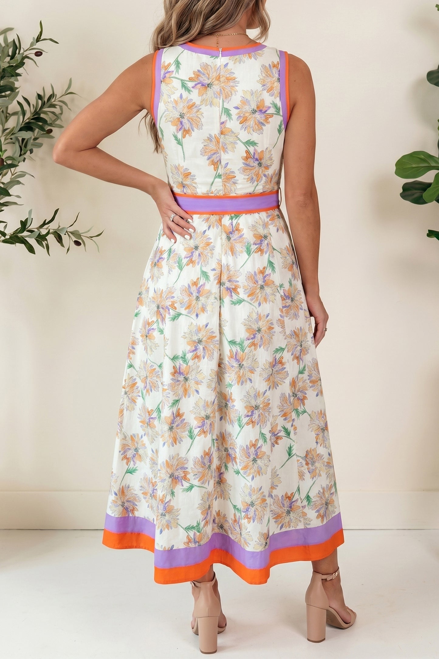 White Floral Print Color Block Trim Belted Sleeveless Maxi Dress-TOPS / DRESSES-[Adult]-[Female]-2022 Online Blue Zone Planet
