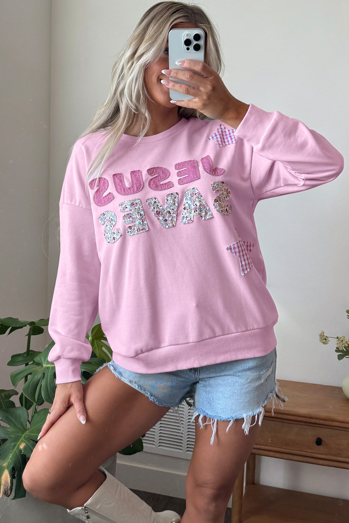 Pink Patchwork Stars Plaid Unique Floral Letters Baggy Sweatshirt-Tops/Sweatshirts & Hoodies-[Adult]-[Female]-2022 Online Blue Zone Planet