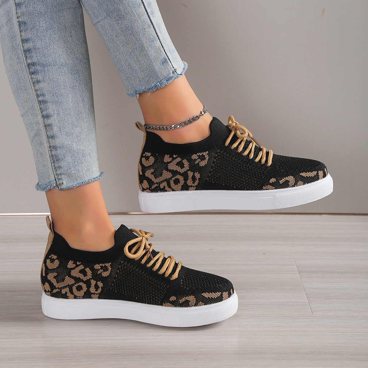 Blue Zone Planet | Lace-Up Leopard Flat Sneakers-SNEAKERS-[Adult]-[Female]-2022 Online Blue Zone Planet