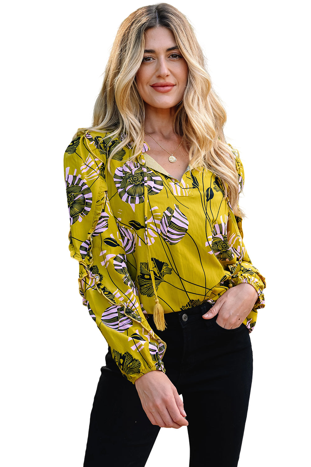 Yellow Vintage Floral V Neck Ruffle Trim Long Sleeve Blouse-Tops/Blouses & Shirts-[Adult]-[Female]-2022 Online Blue Zone Planet