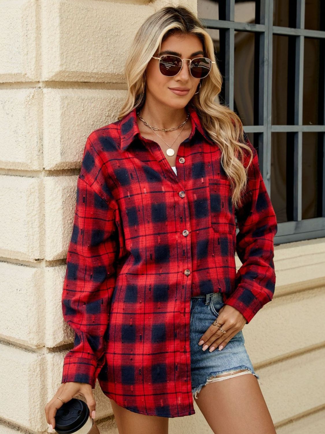 Plaid Button Up Long Sleeve Shirt-TOPS / DRESSES-[Adult]-[Female]-2022 Online Blue Zone Planet