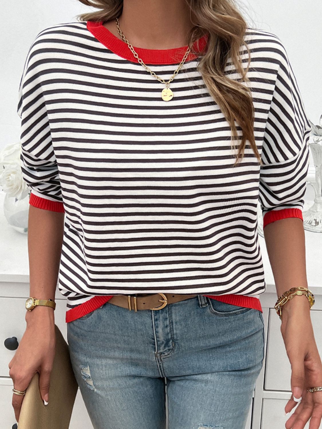 Striped Round Neck Dropped Shoulder Sweater-TOPS / DRESSES-[Adult]-[Female]-2022 Online Blue Zone Planet