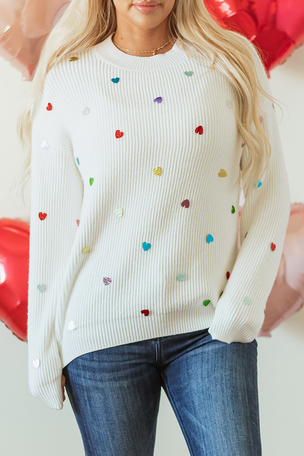 Blue Zone Planet | Beige Sequin Heart Shape Waffle Knit Round Neck Sweater-Sweaters & Cardigans/Sweaters-[Adult]-[Female]-2022 Online Blue Zone Planet