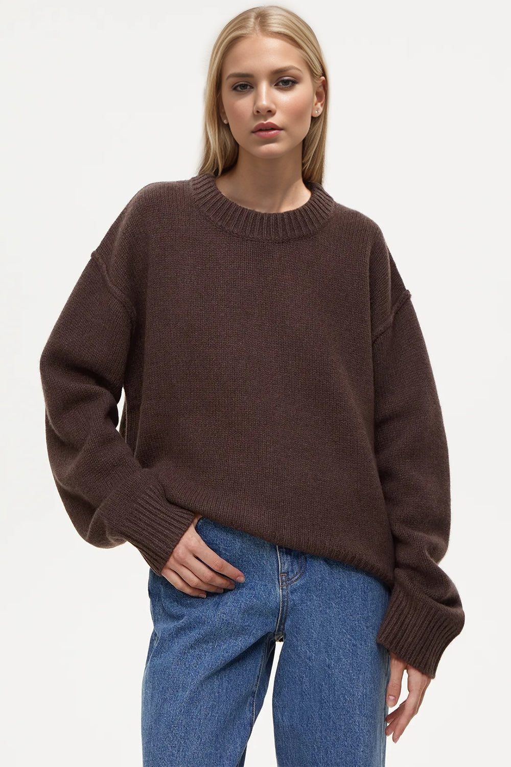 Basic Bae Round Neck Dropped Shoulder Sweater-TOPS / DRESSES-[Adult]-[Female]-Dark Brown-One Size-2022 Online Blue Zone Planet