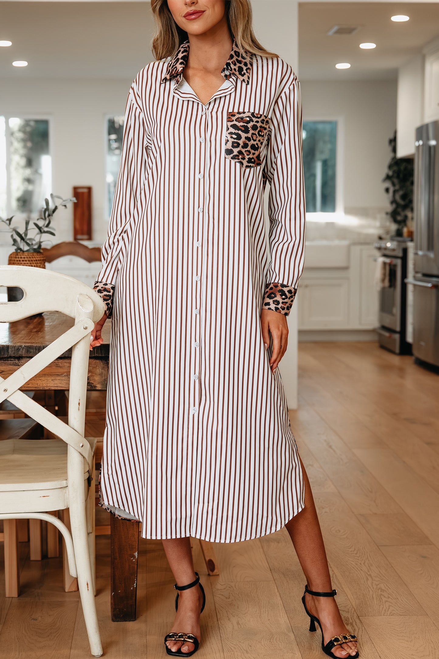 Brown Stripe Contrast Leopard Patchwork Long Shirt Dress with Slits-TOPS / DRESSES-[Adult]-[Female]-2022 Online Blue Zone Planet