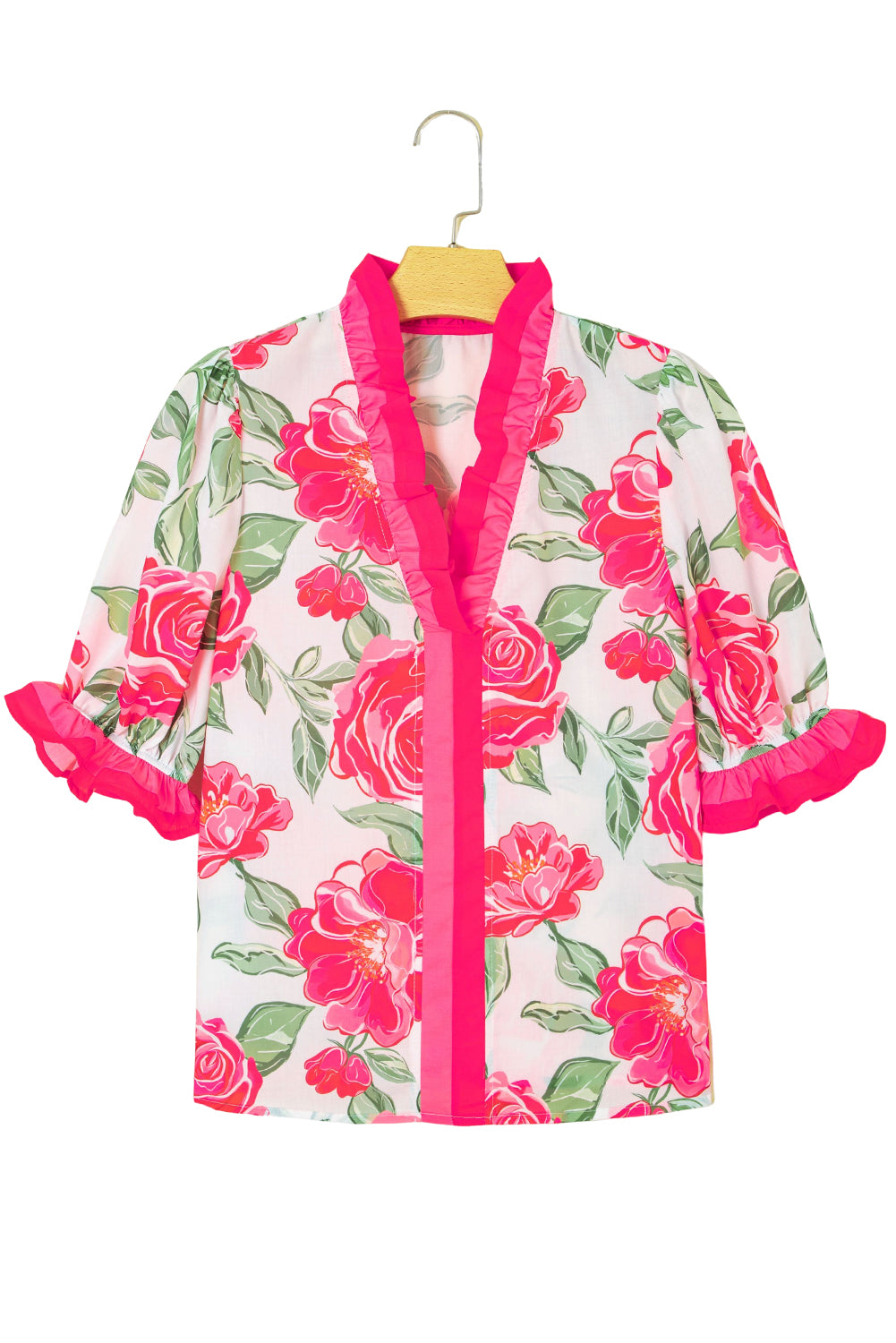 Rose Floral Frilled V Neck Short Sleeve Blouse Top-Tops/Blouses & Shirts-[Adult]-[Female]-2022 Online Blue Zone Planet