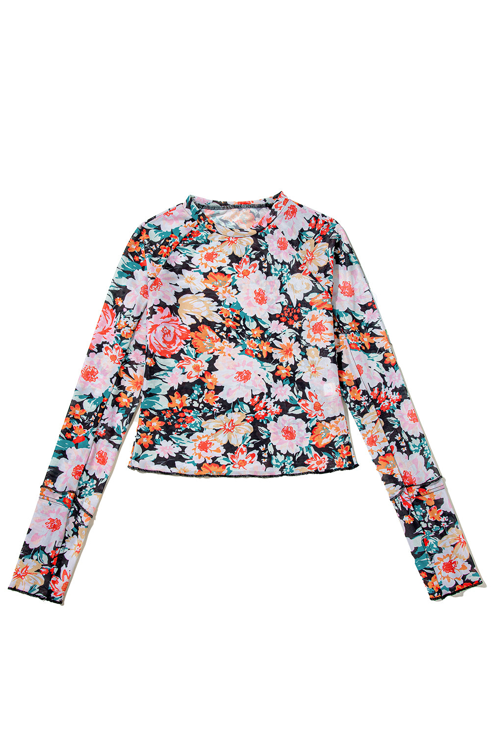 Orange Allover Floral Print Long Sleeve Round Neck Slim Mesh Top-Long Sleeve Tops-[Adult]-[Female]-2022 Online Blue Zone Planet