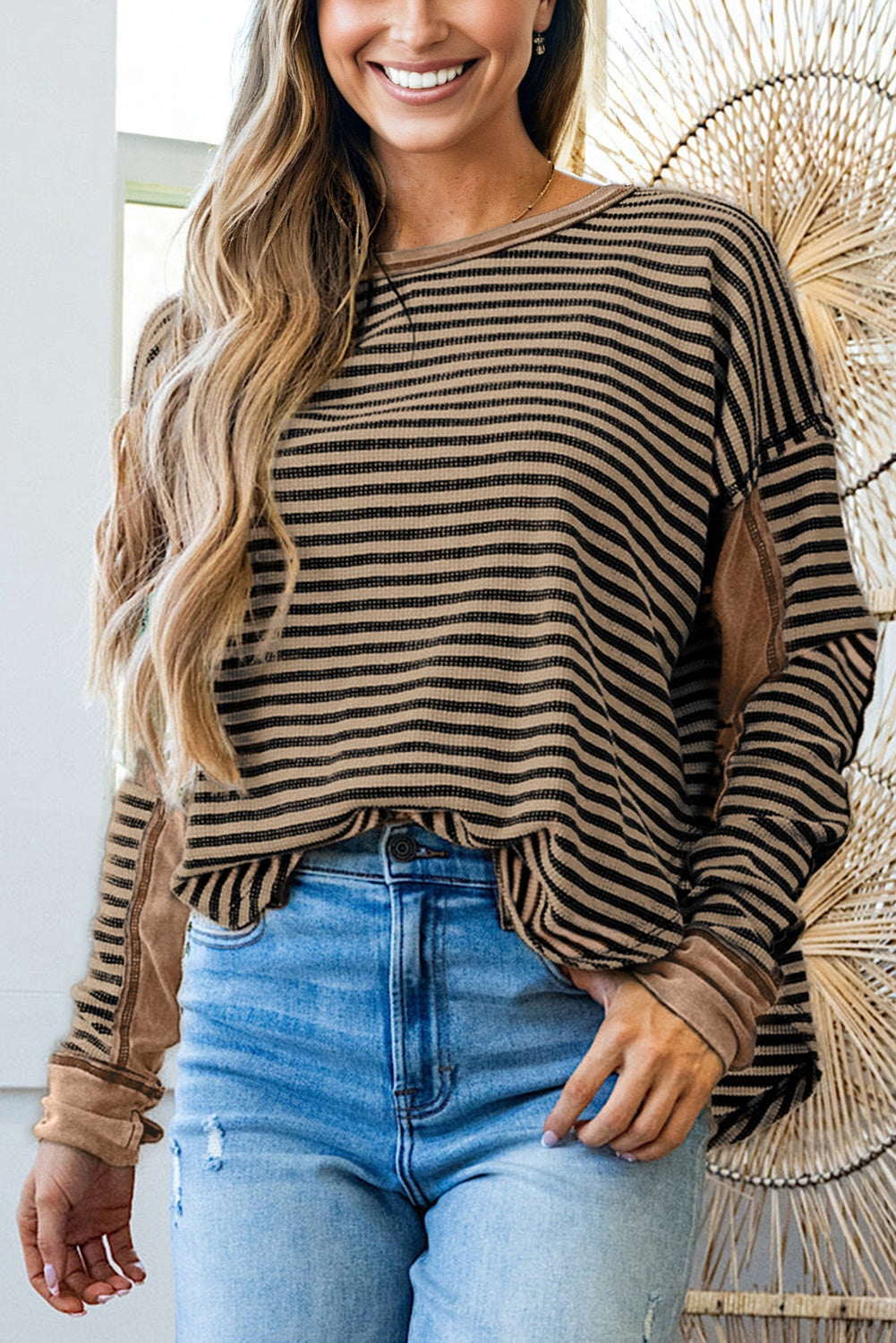 Khaki Stripe Thermal Knit Drop Shoulder Casual Top-Tops/Long Sleeve Tops-[Adult]-[Female]-Khaki Stripe-S-2022 Online Blue Zone Planet