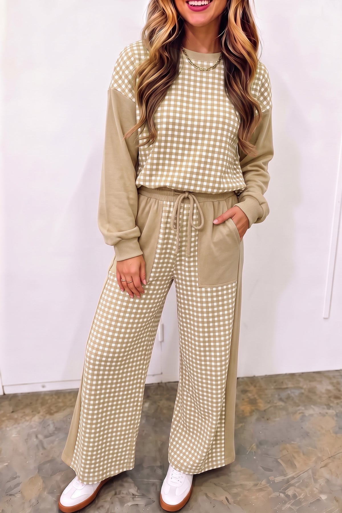 Khaki Color Block Plaid Patchwork Long Sleeve Pullover Wide Leg Pant Set-Two Piece Sets/Pant Sets-[Adult]-[Female]-Khaki-S-2022 Online Blue Zone Planet