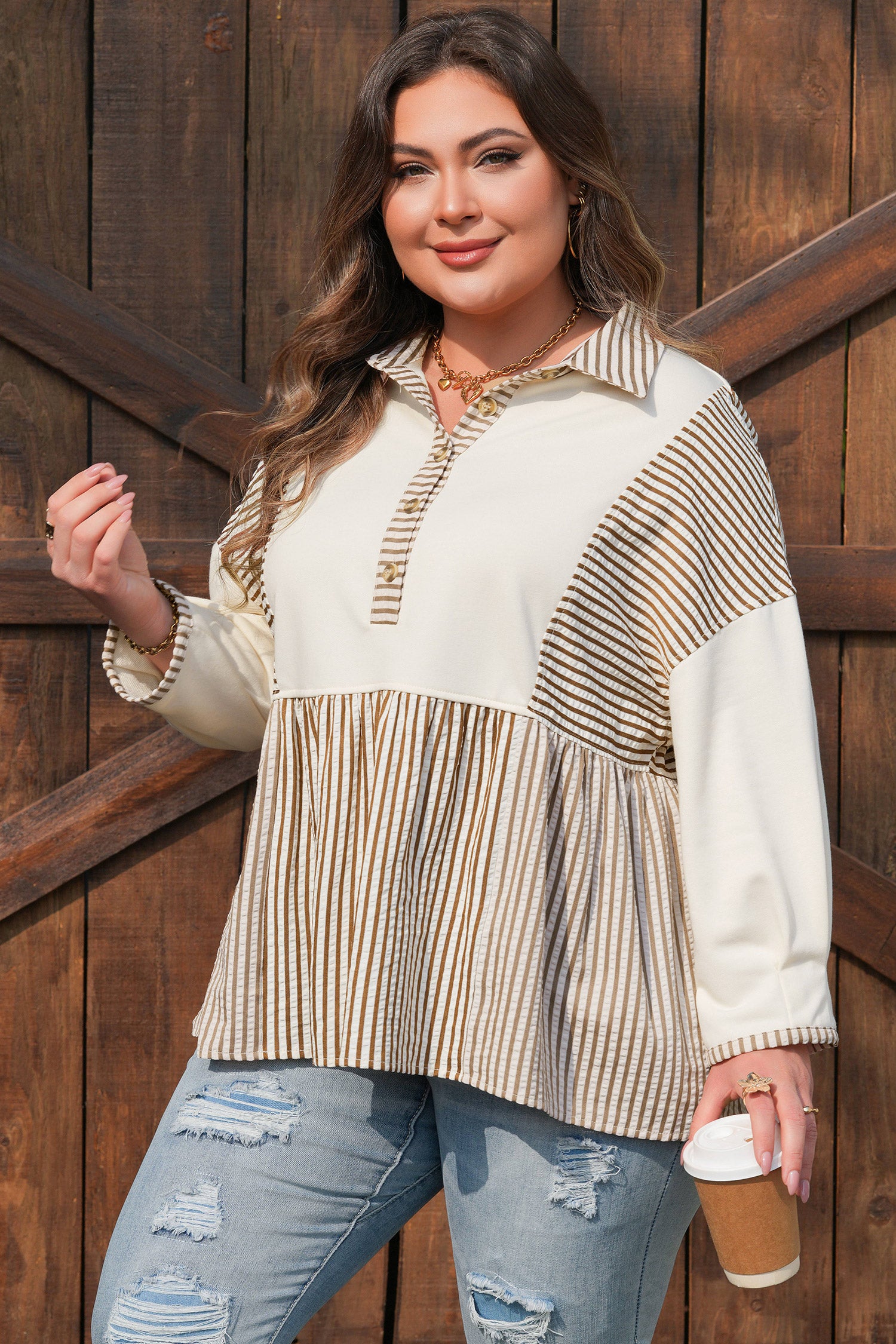 Khaki Stripe Plus Size Color Block Patchwork Half Button Long Sleeve Peplum Blouse-Plus Size/Plus Size Tops/Plus Size Blouses & Shirts-[Adult]-[Female]-2022 Online Blue Zone Planet