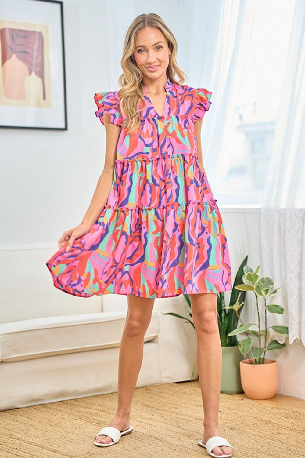 First Love Full Size Printed Ruffle Cap Sleeve Tiered Dress-TOPS / DRESSES-[Adult]-[Female]-2022 Online Blue Zone Planet