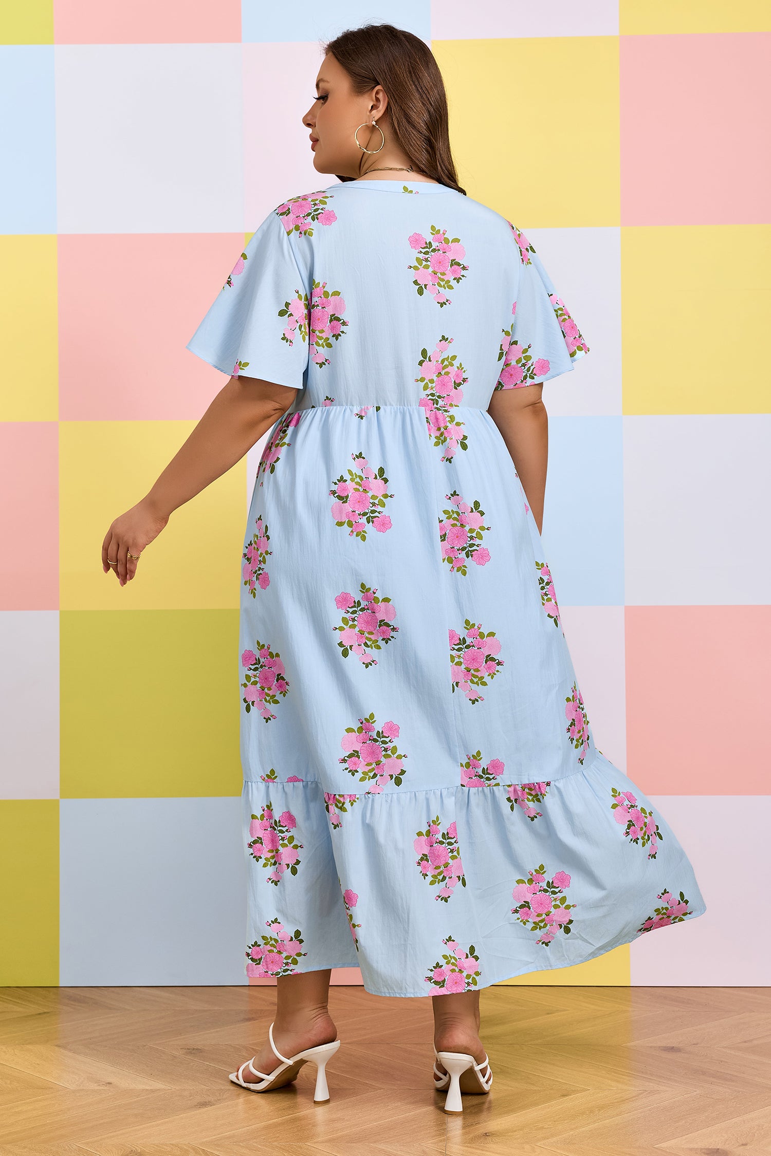 Sky Blue Plus Size Floral Print Scalloped Trim V-Neck Dress-Plus Size/Plus Size Dresses/Plus Size Maxi Dresses-[Adult]-[Female]-2022 Online Blue Zone Planet